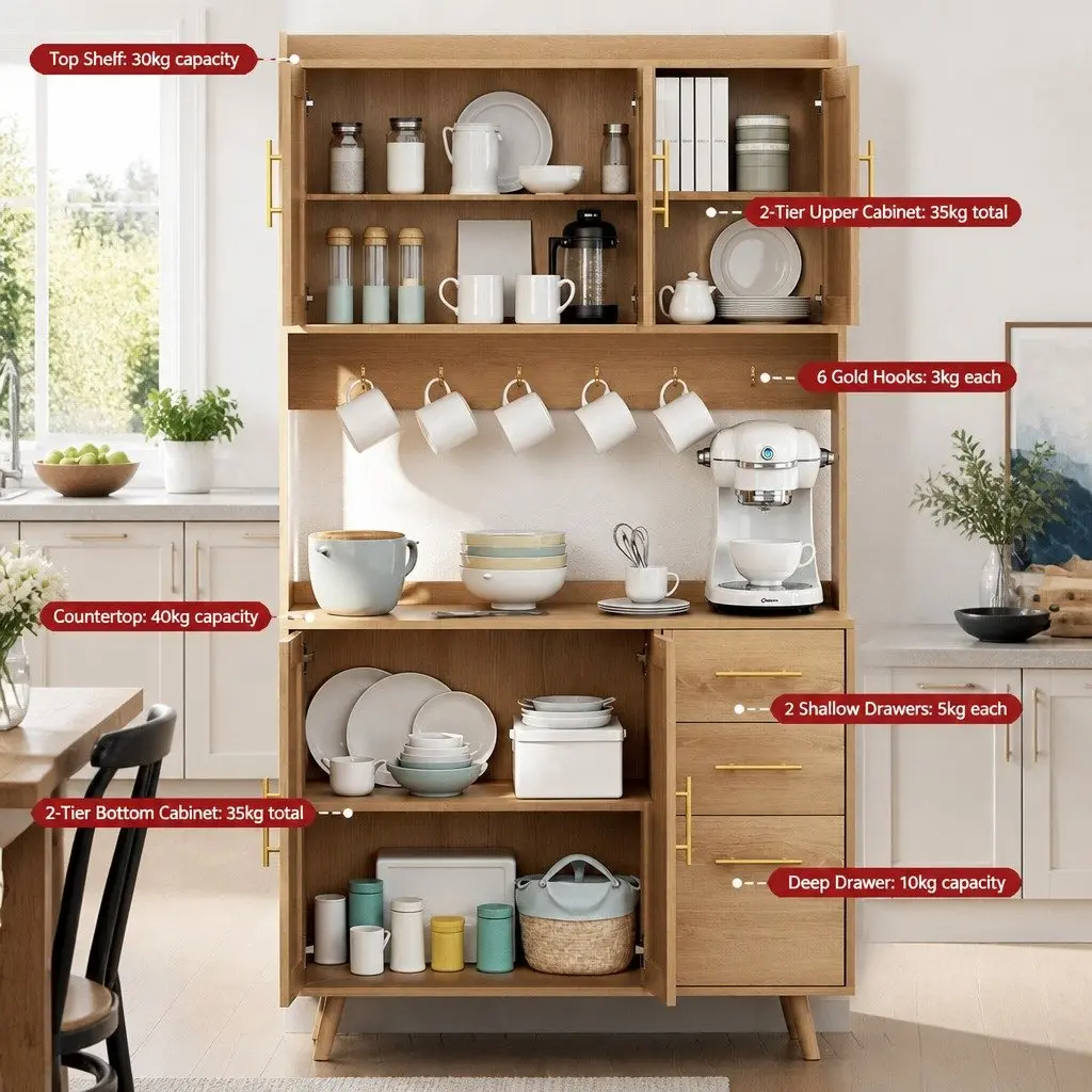 Buffet Sideboard Cabinet Pine Rattan Doors Adjustable Shelves Countertop Storage