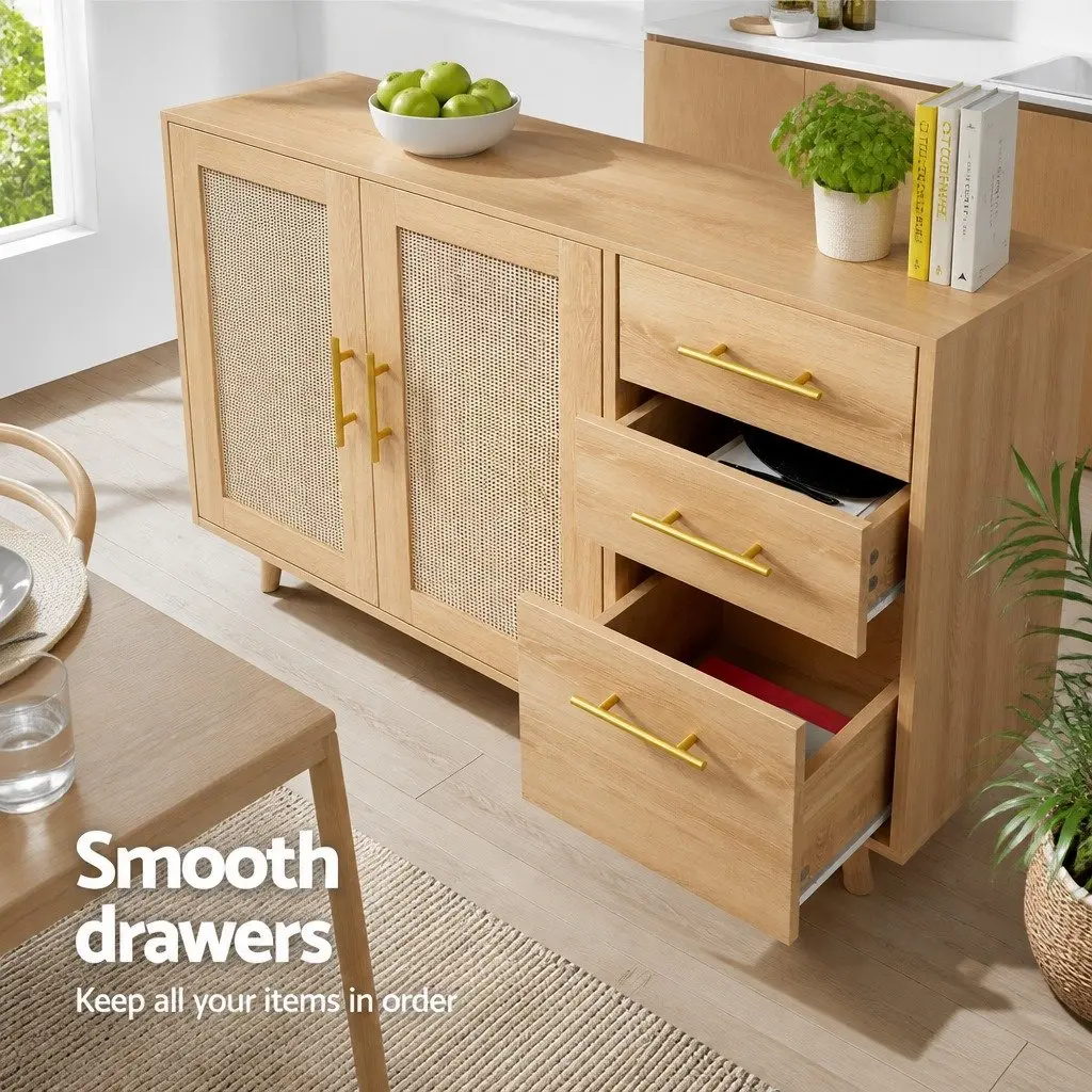 Buffet Sideboard Cabinet Pine Rattan Doors Adjustable Shelves Countertop Storage
