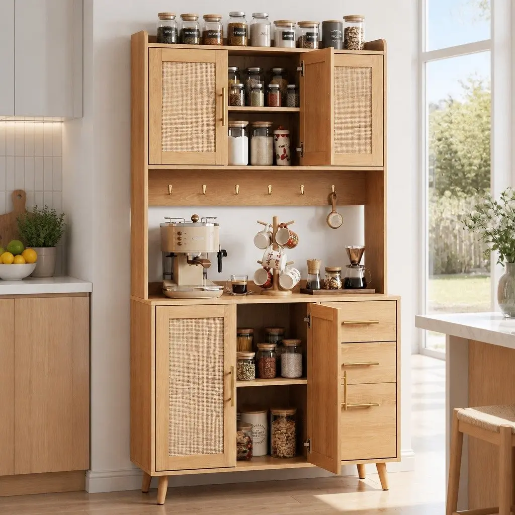 Buffet Sideboard Cabinet Pine Rattan Doors Adjustable Shelves Countertop Storage