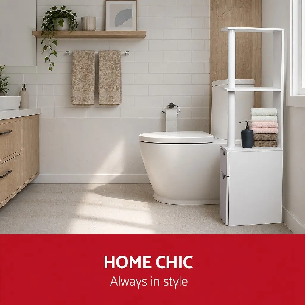 Bathroom Cabinet Storage 118cm Tall Toilet Shelf Unit White Contemporary Design