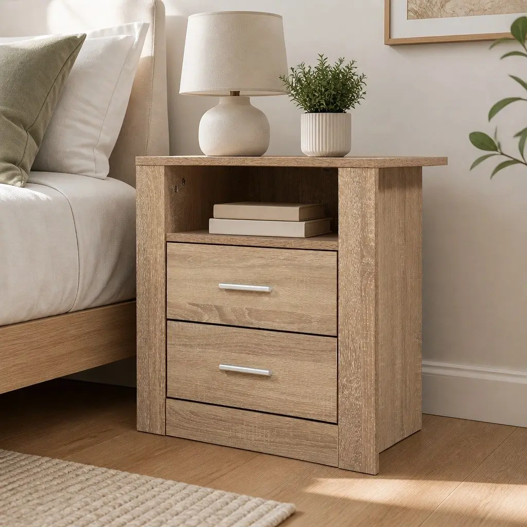 Bedside Table Oak 2 Drawers with Shelf Storage Furniture