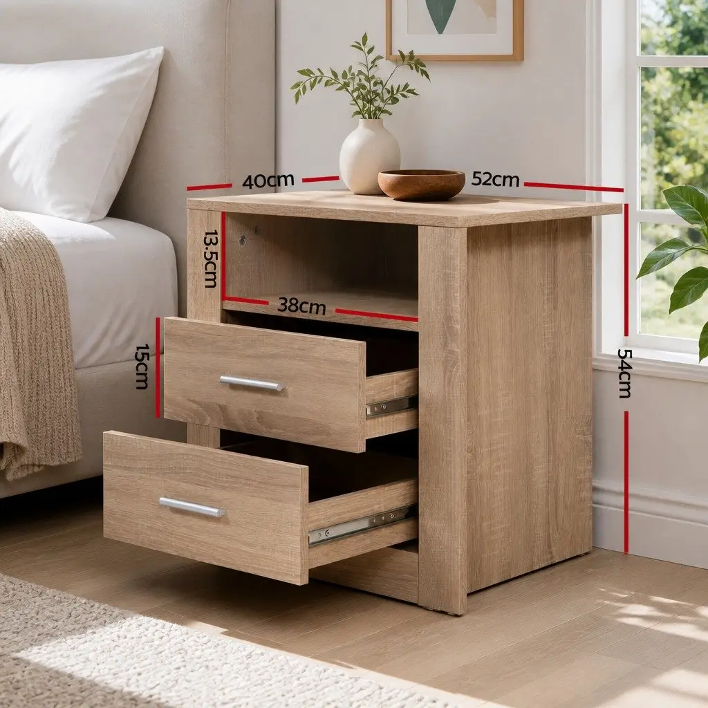 Bedside Table Oak 2 Drawers with Shelf Storage Furniture