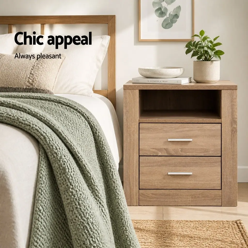 Bedside Table Oak 2 Drawers with Shelf Storage Furniture