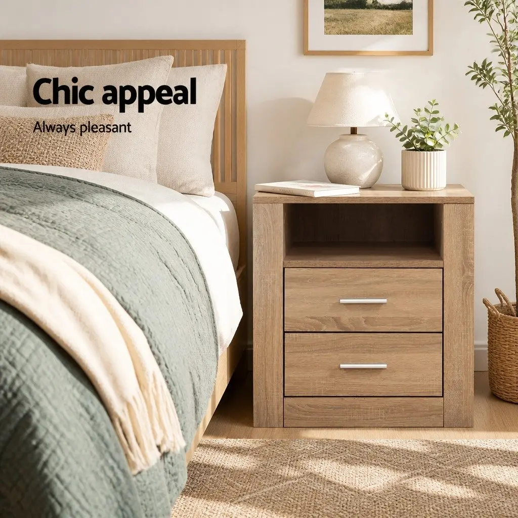 Bedside Table Oak 52cm 2 Drawers Open Shelf Storage Unit Modern Bedroom Furniture