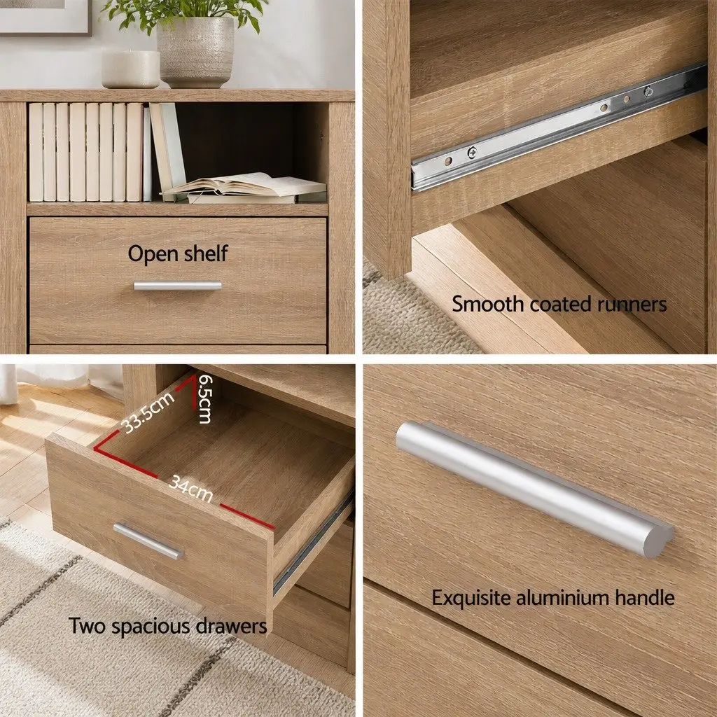 Bedside Table Oak 52cm 2 Drawers Open Shelf Storage Unit Modern Bedroom Furniture