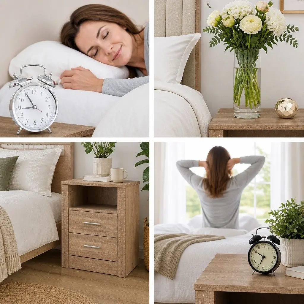 Bedside Table Oak 52cm 2 Drawers Open Shelf Storage Unit Modern Bedroom Furniture