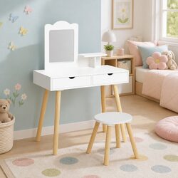 Kids Dressing Table Vanity Set with Chair Mirror Makeup Storage Wooden Legs