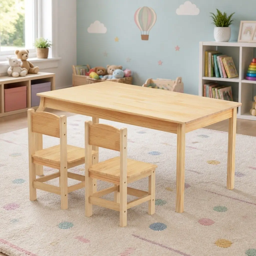 Kids Table and Chairs Set Natural Pinewood 3 Piece Sturdy Construction Safe Edges