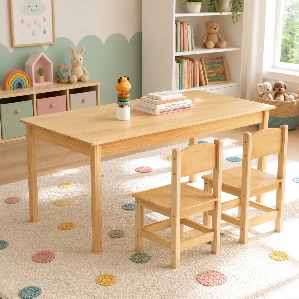 Kids Table and Chairs Set Natural Pinewood 3 Piece Sturdy Construction Safe Edges