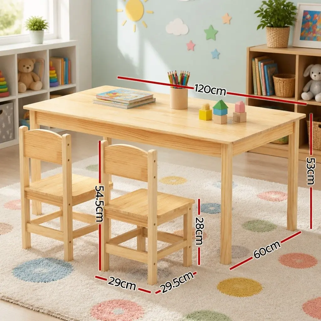 Kids Table and Chairs Set Natural Pinewood 3 Piece Sturdy Construction Safe Edges