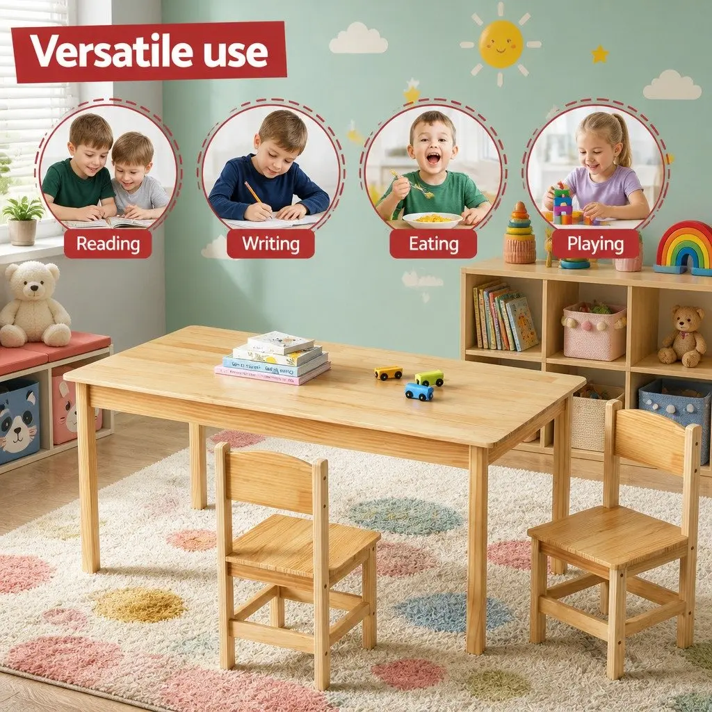 Kids Table and Chairs Set Natural Pinewood 3 Piece Sturdy Construction Safe Edges