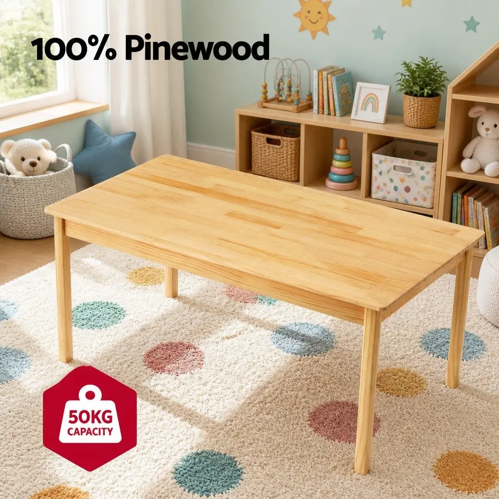Kids Table and Chairs Set Natural Pinewood 3 Piece Sturdy Construction Safe Edges
