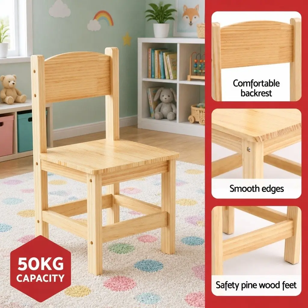 Kids Table and Chairs Set Natural Pinewood 3 Piece Sturdy Construction Safe Edges