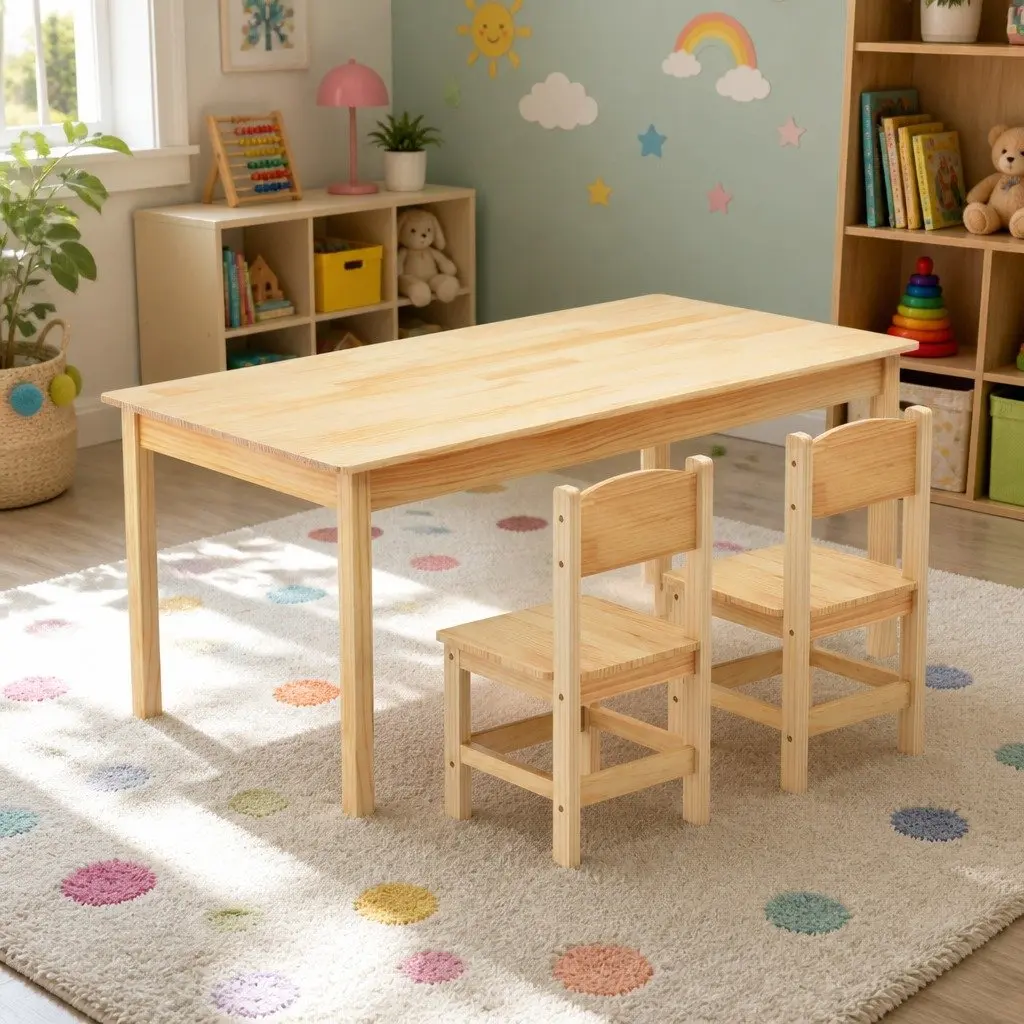 Kids Table and Chairs Set Natural Pinewood 3 Piece Sturdy Construction Safe Edges