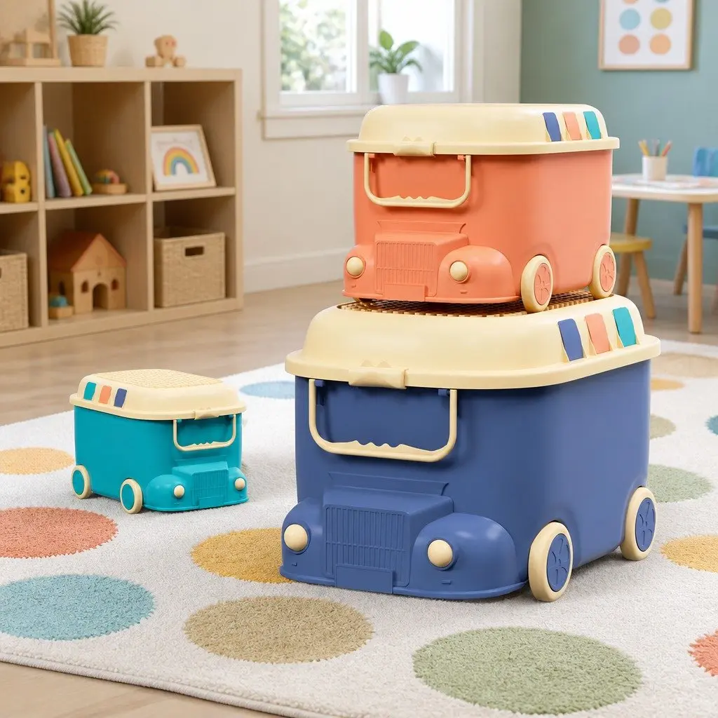 Toy Storage Box Car Shape Blue Orange 3 Piece Organiser Container with Mobile Wheels Building Block Lid and Dual Handles