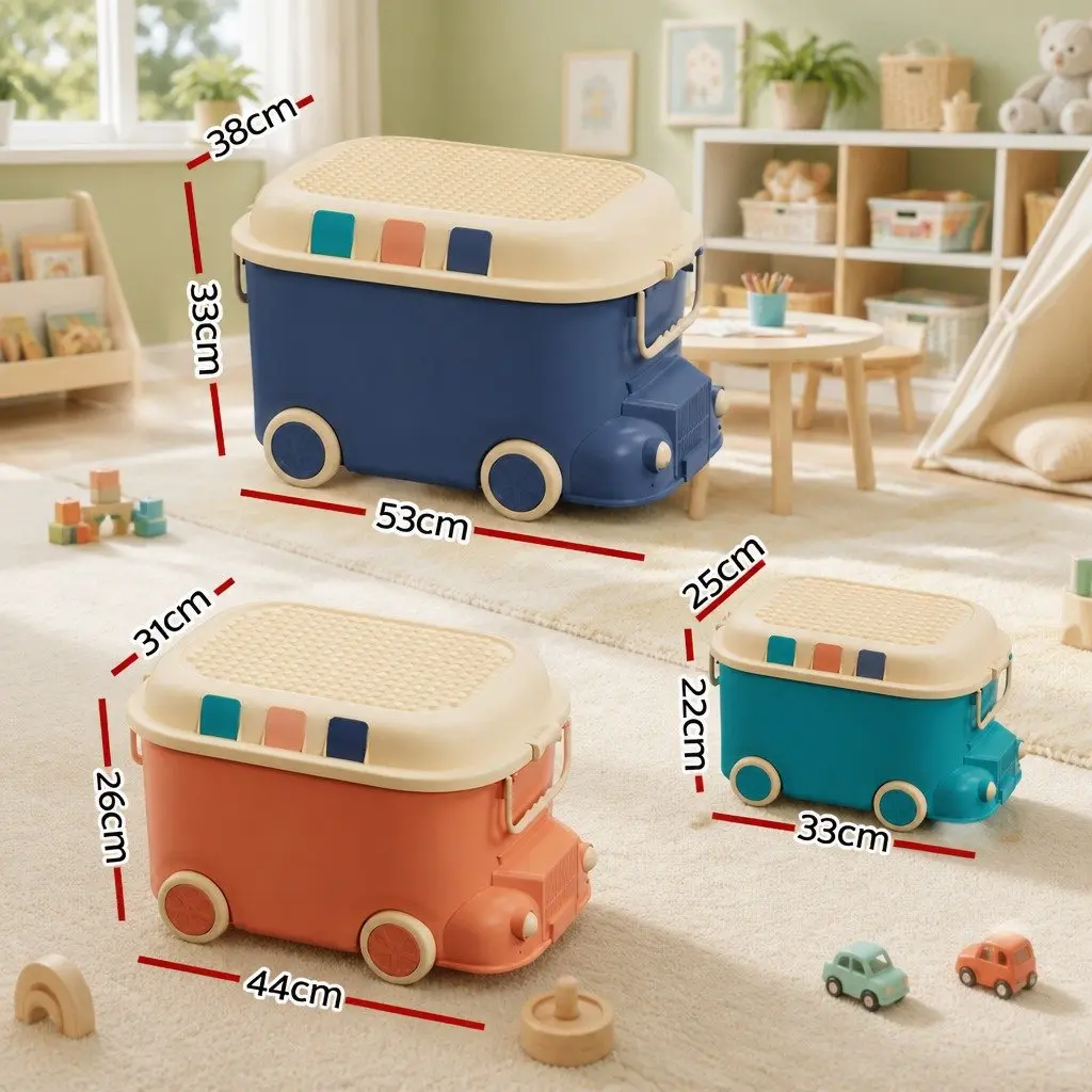 Toy Storage Box Car Shape Blue Orange 3 Piece Organiser Container with Mobile Wheels Building Block Lid and Dual Handles