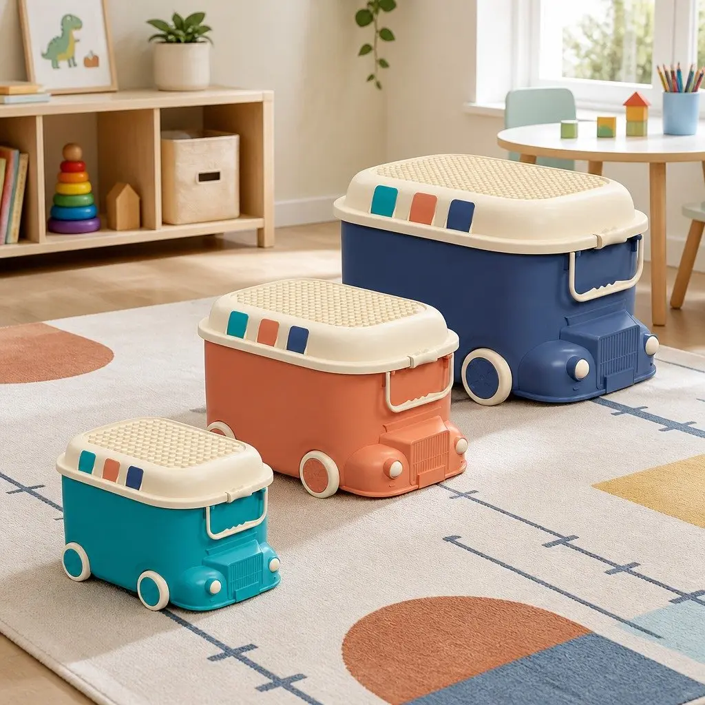 Toy Storage Box Car Shape Blue Orange 3 Piece Organiser Container with Mobile Wheels Building Block Lid and Dual Handles