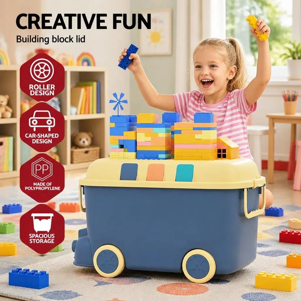 Toy Storage Box Car Shape Blue Orange 3 Piece Organiser Container with Mobile Wheels Building Block Lid and Dual Handles
