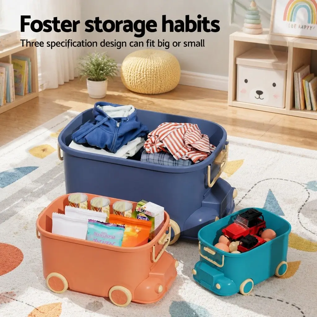 Toy Storage Box Car Shape Blue Orange 3 Piece Organiser Container with Mobile Wheels Building Block Lid and Dual Handles