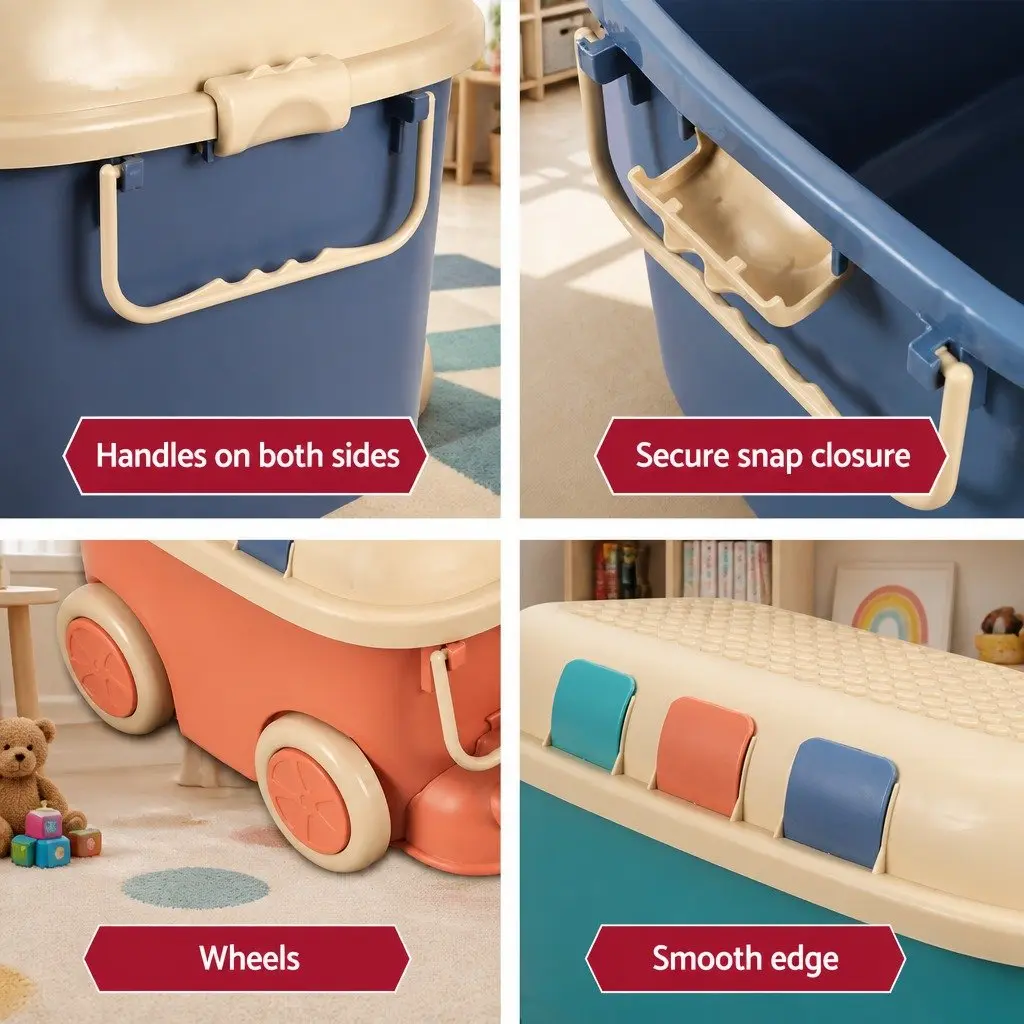 Toy Storage Box Car Shape Blue Orange 3 Piece Organiser Container with Mobile Wheels Building Block Lid and Dual Handles