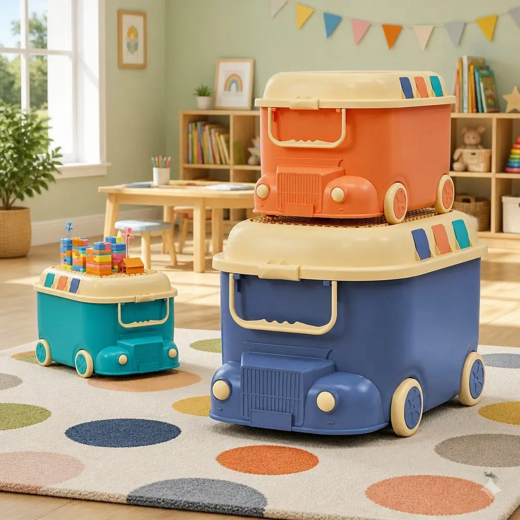 Toy Storage Box Car Shape Blue Orange 3 Piece Organiser Container with Mobile Wheels Building Block Lid and Dual Handles
