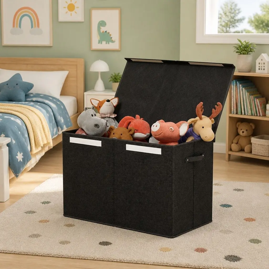 Toy Storage Box Black Collapsible Organiser Flip-Top Lid