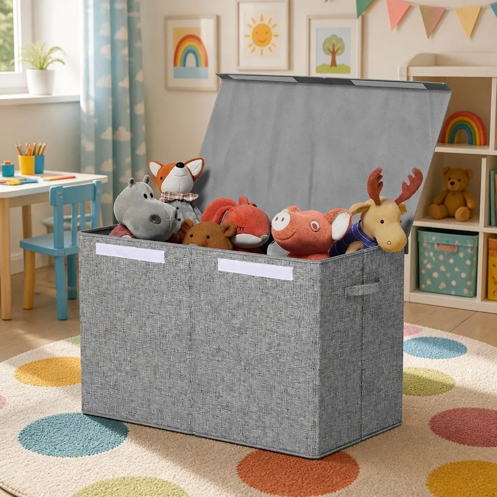 Toy Box Grey Collapsible Flip-Top Lid Storage Organizer
