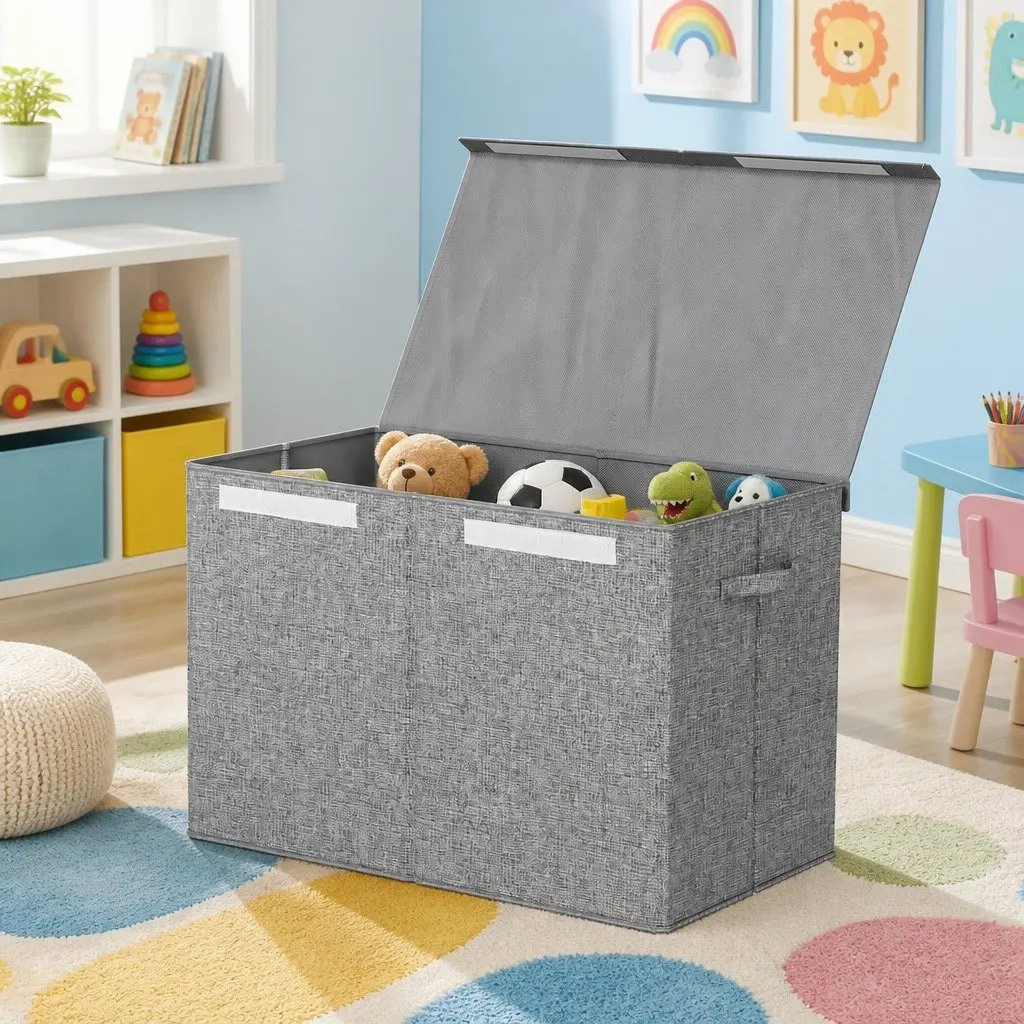 Toy Box Grey Collapsible Flip-Top Lid Storage Organizer