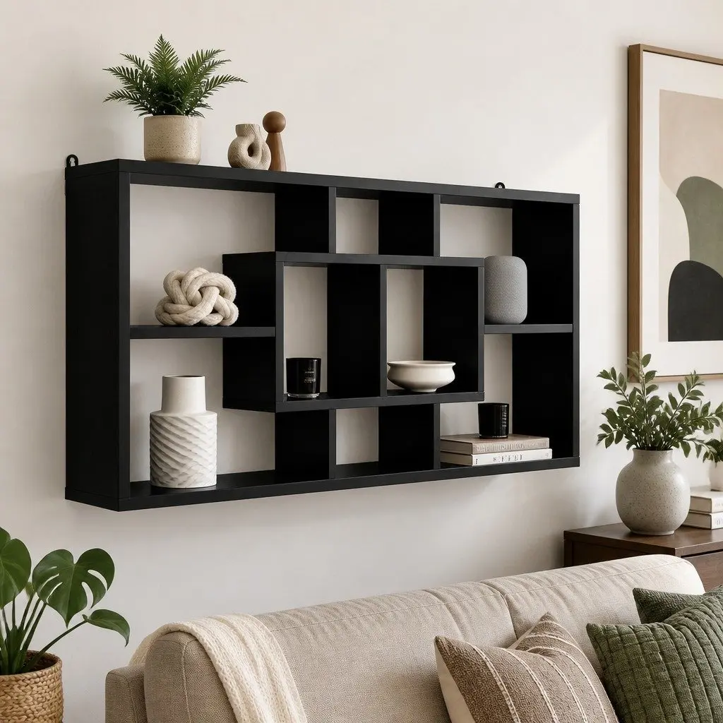 Black Floating Wall Shelf with 8 Display Options