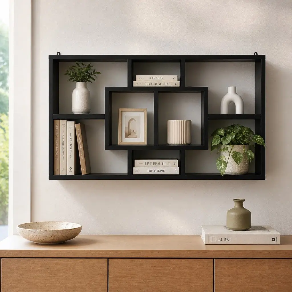 Black Floating Wall Shelf with 8 Display Options