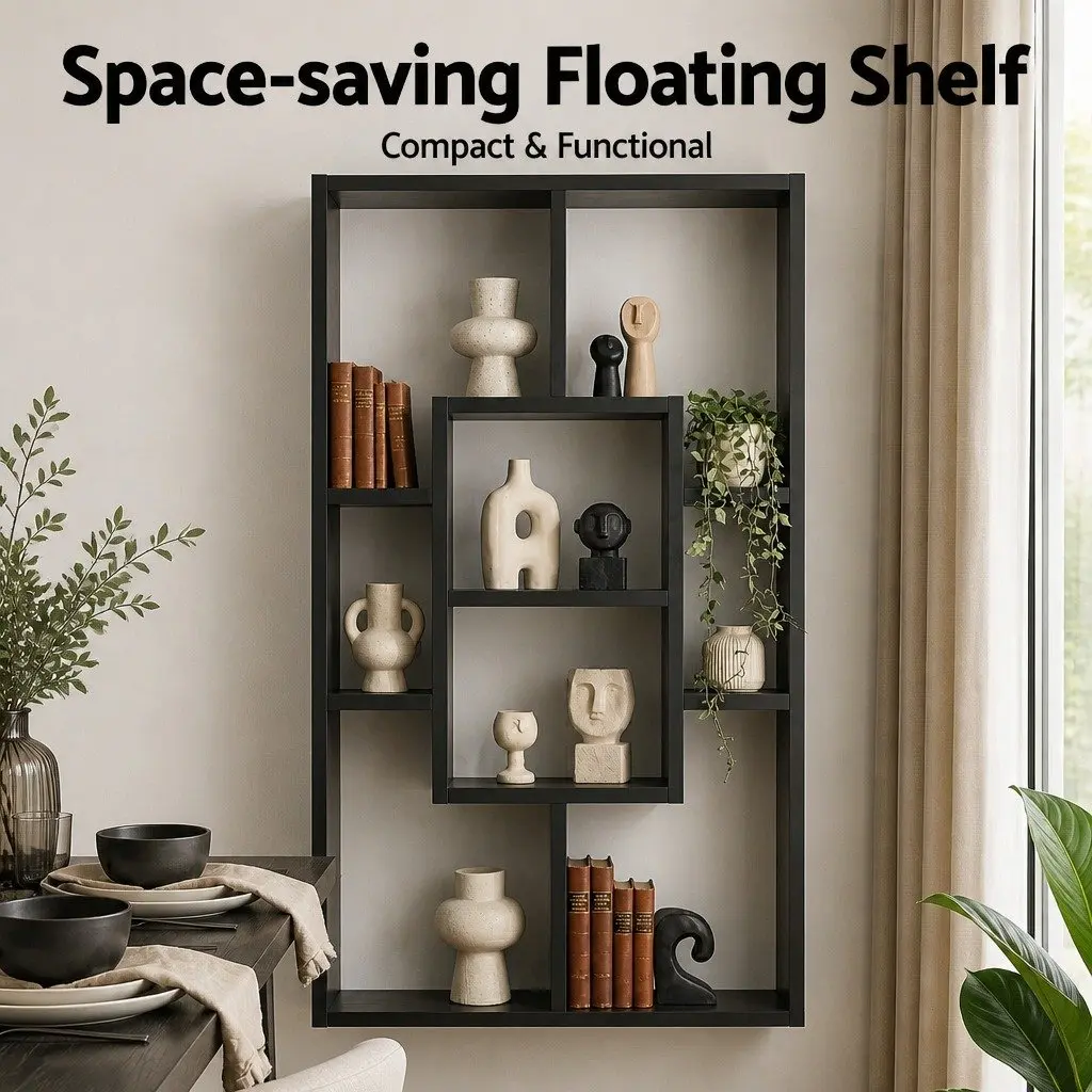 Black Floating Wall Shelf with 8 Display Options