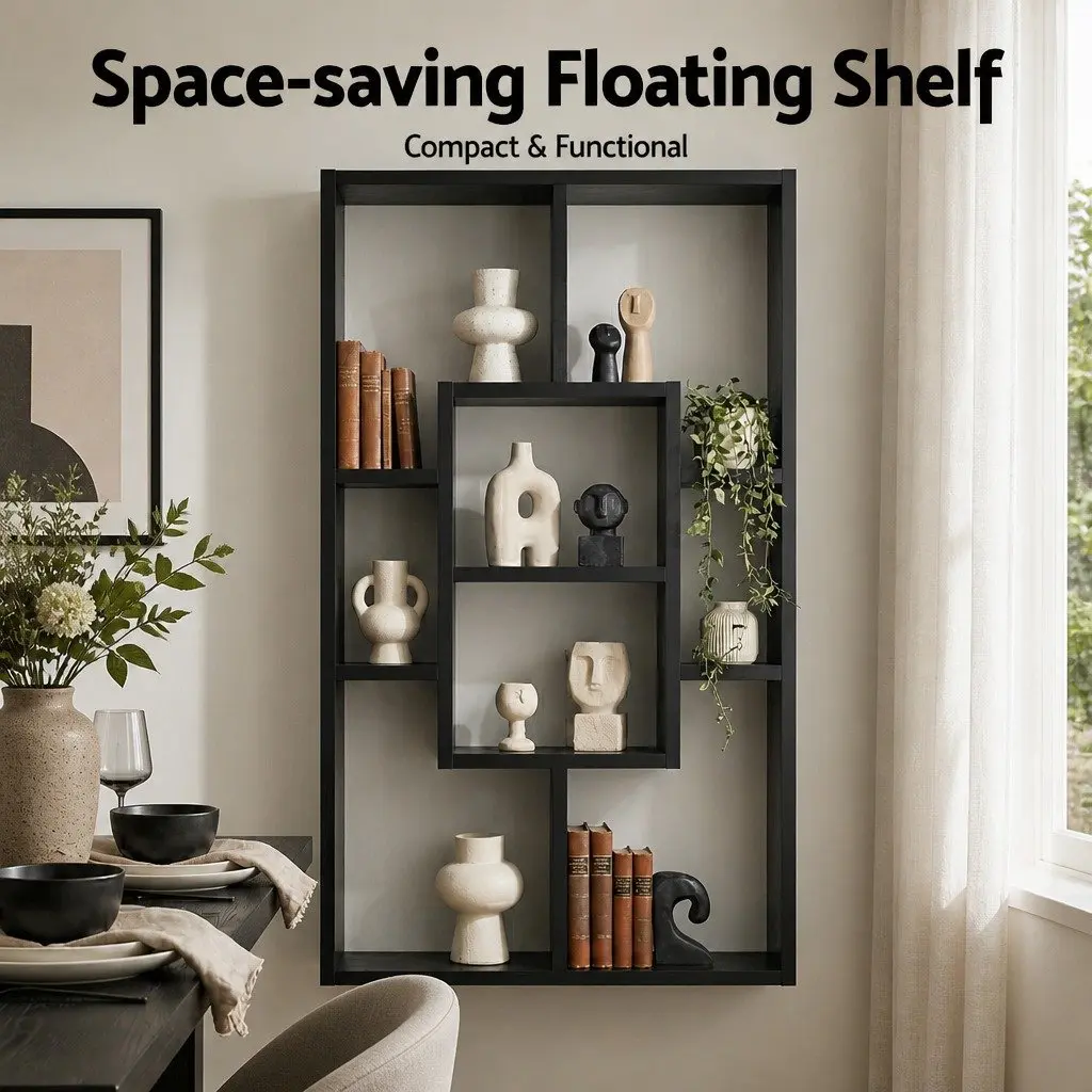Black Floating Wall Shelf with 8 Display Options