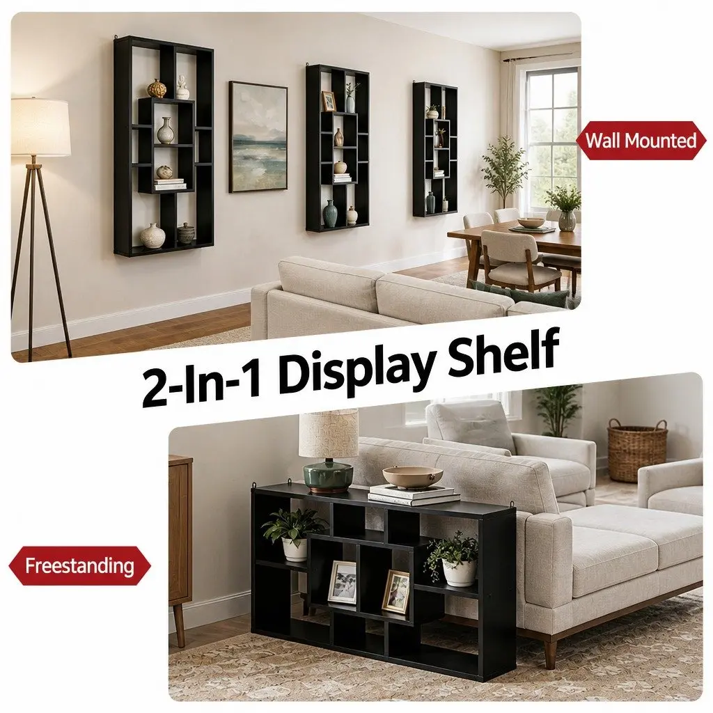 Black Floating Wall Shelf with 8 Display Options