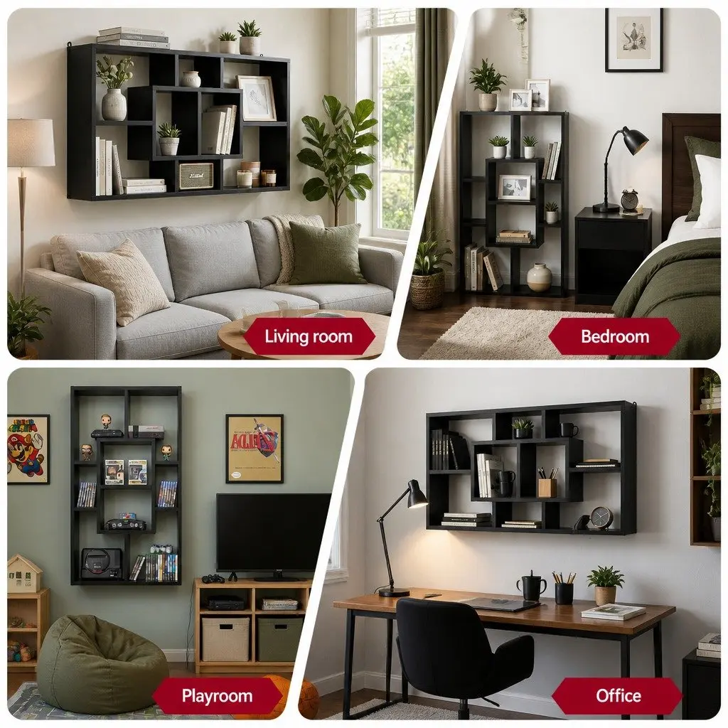 Black Floating Wall Shelf with 8 Display Options