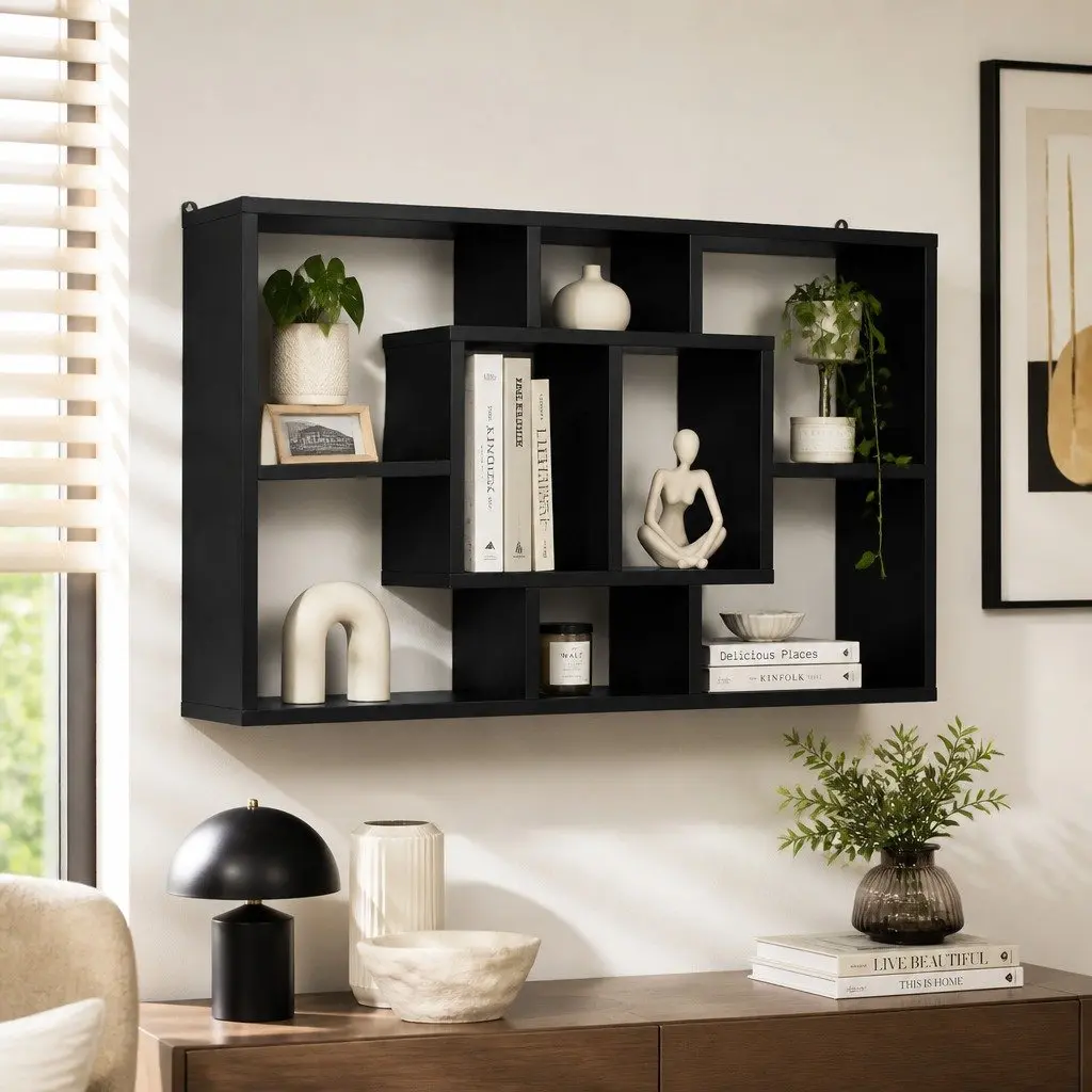 Black Floating Wall Shelf with 8 Display Options