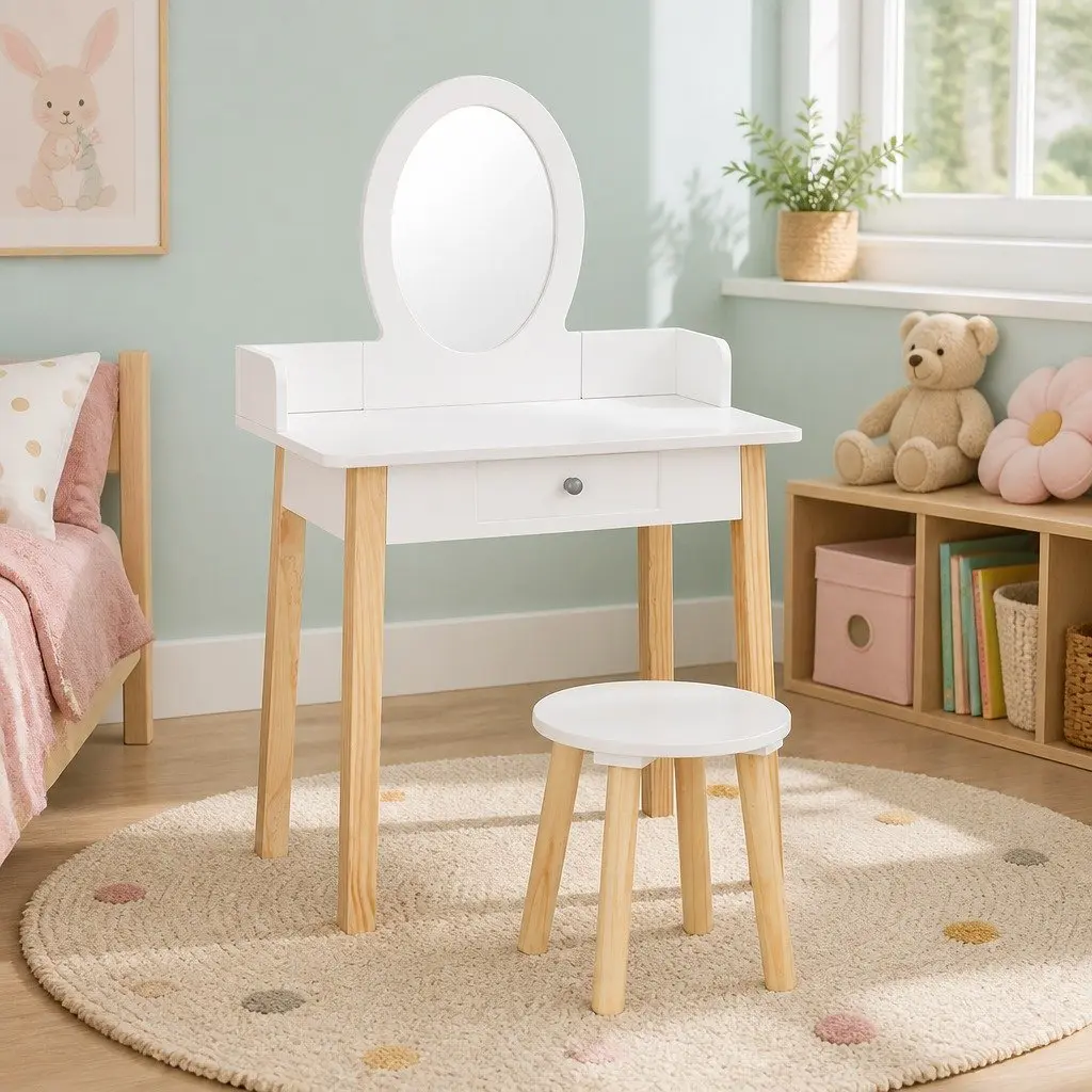 Kids Dressing Table Chair Set White MDF Wooden Leg Vanity with Detachable Mirror and Storage Drawer