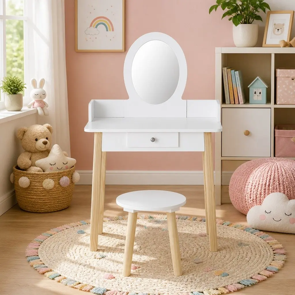 Kids Dressing Table Chair Set White MDF Wooden Leg Vanity with Detachable Mirror and Storage Drawer