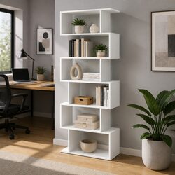 6-Tier Display Shelf White S-Shape Bookcase Living Room Storage Organiser