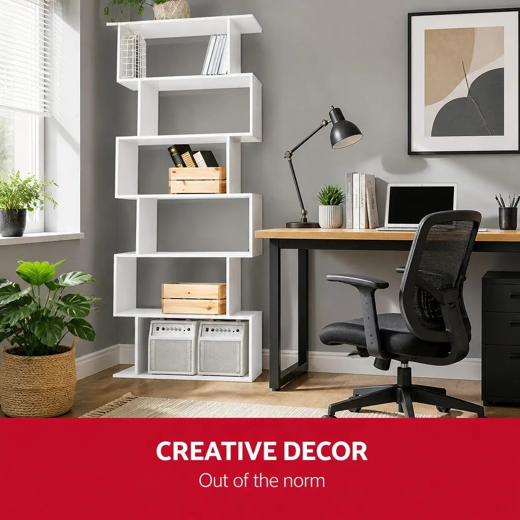 6-Tier Display Shelf White S-Shape Bookcase Storage Organiser
