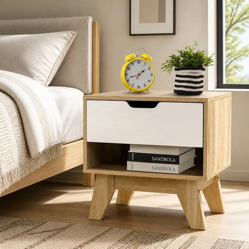 Bedside Table 1 Drawer with Shelf White Oak Two-Tone Bedroom Nightstand Storage
