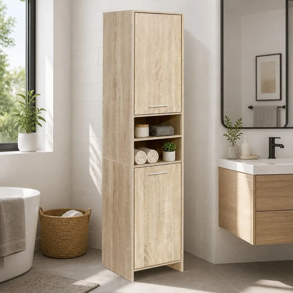 Tall Bathroom Cabinet Oak 185cm Space-Saving Vertical Storage Unit with Open Shelves and Closed Cabinets