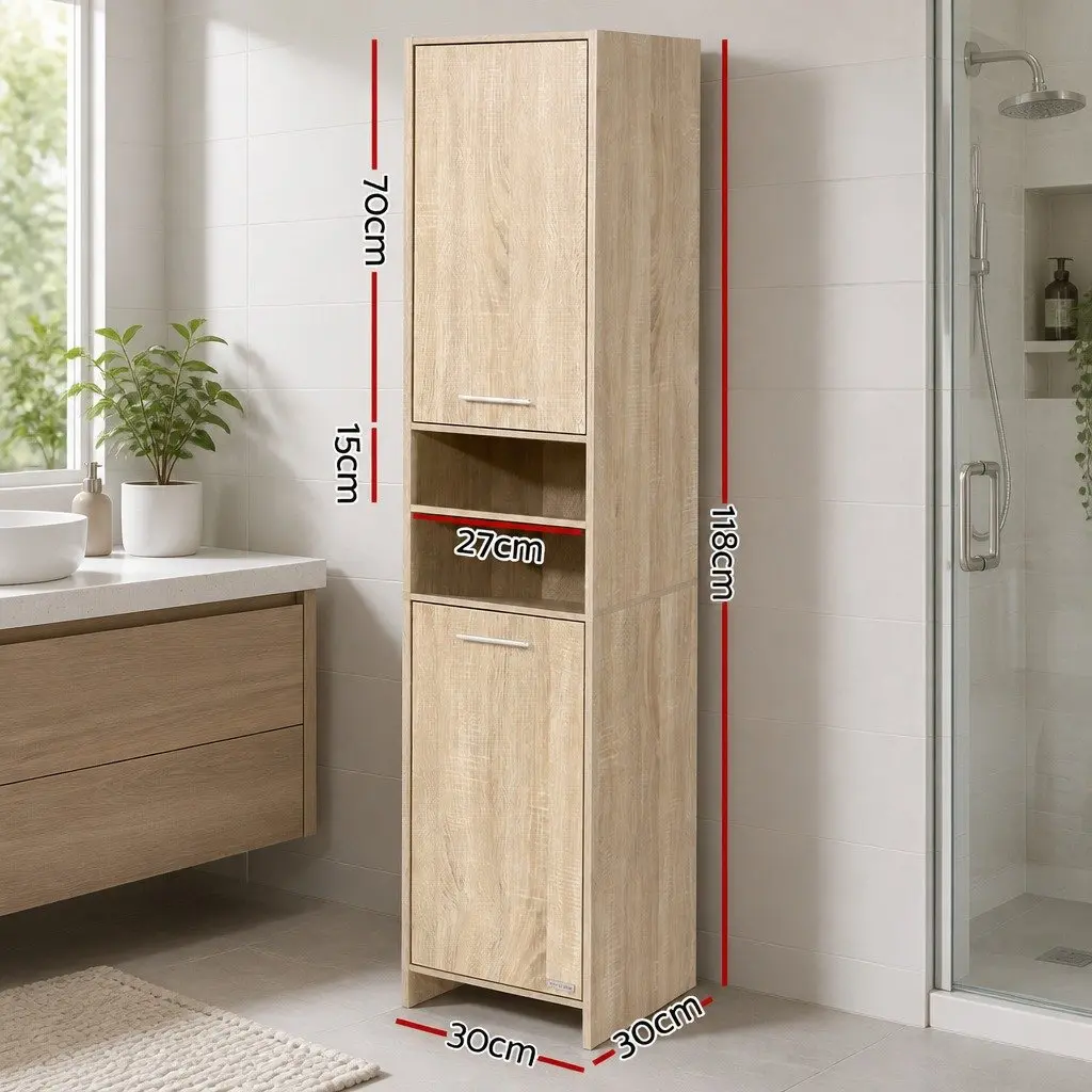 Tall Bathroom Cabinet Oak 185cm Space-Saving Vertical Storage Unit with Open Shelves and Closed Cabinets