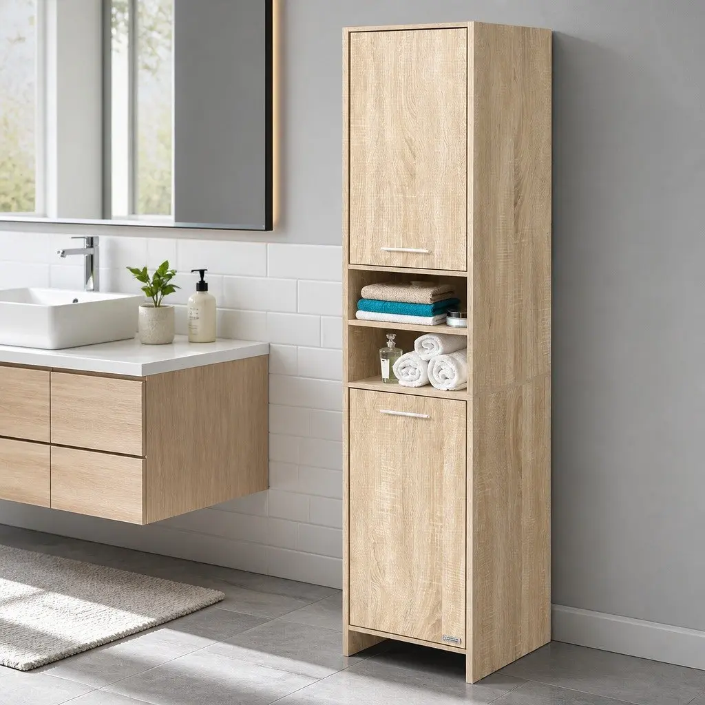 Tall Bathroom Cabinet Oak 185cm Space-Saving Vertical Storage Unit with Open Shelves and Closed Cabinets