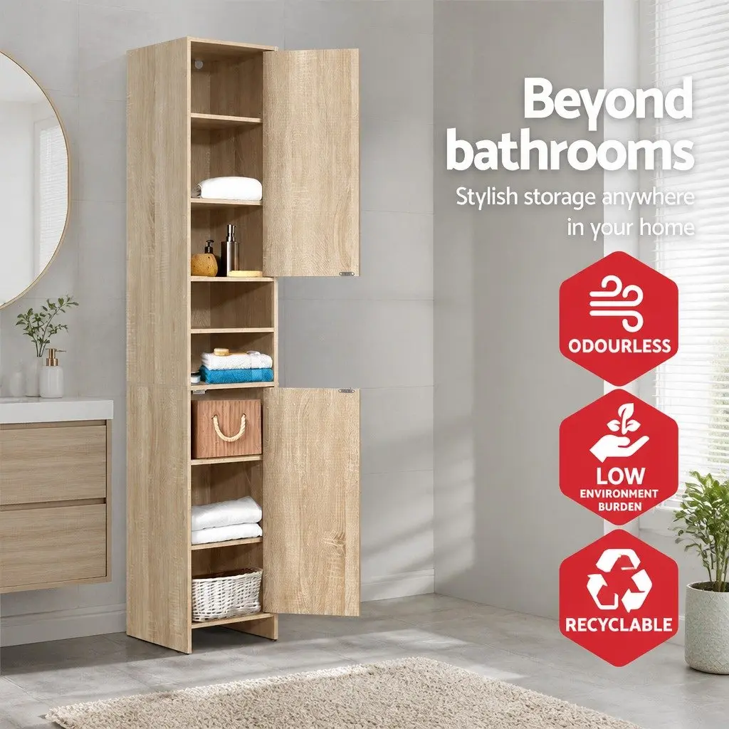 Tall Bathroom Cabinet Oak 185cm Space-Saving Vertical Storage Unit with Open Shelves and Closed Cabinets