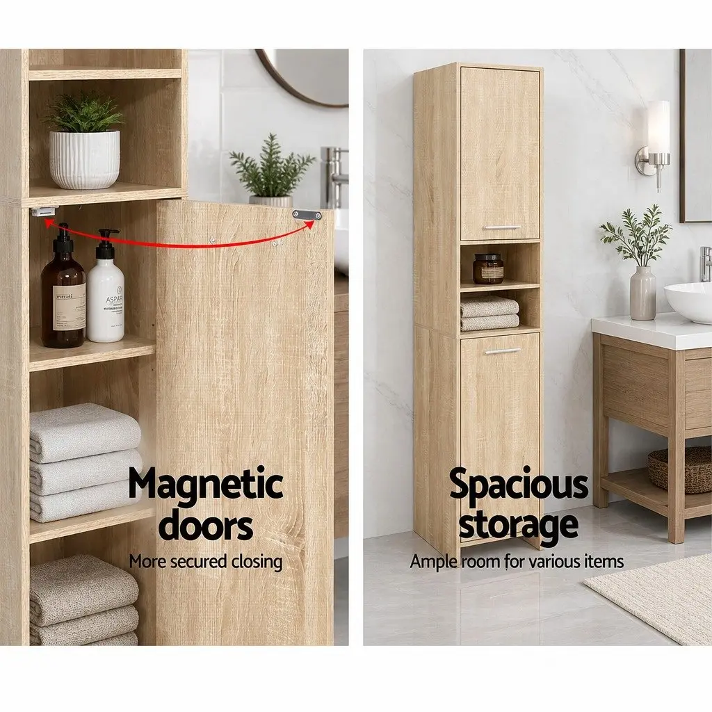 Tall Bathroom Cabinet Oak 185cm Space-Saving Vertical Storage Unit with Open Shelves and Closed Cabinets