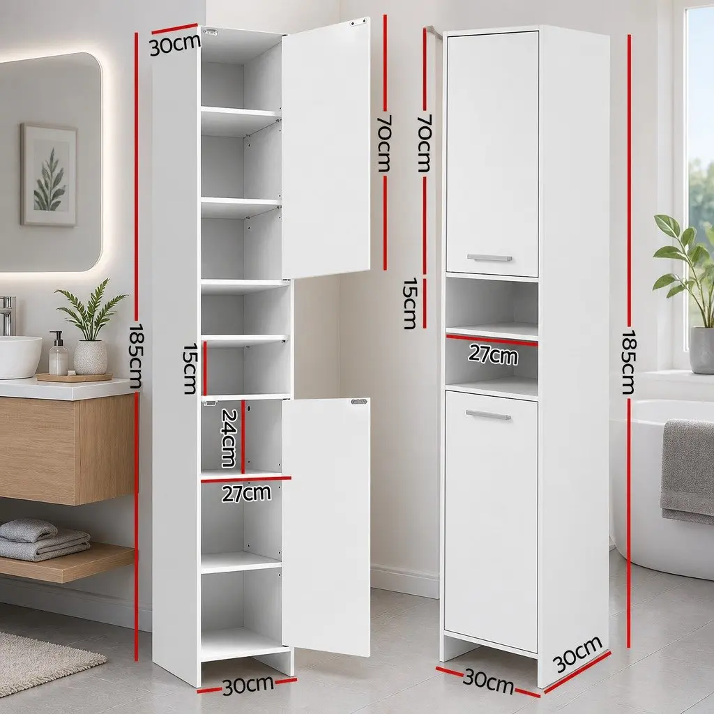Tall Bathroom Cabinet White 185cm Slim Space Saving Storage Cupboard