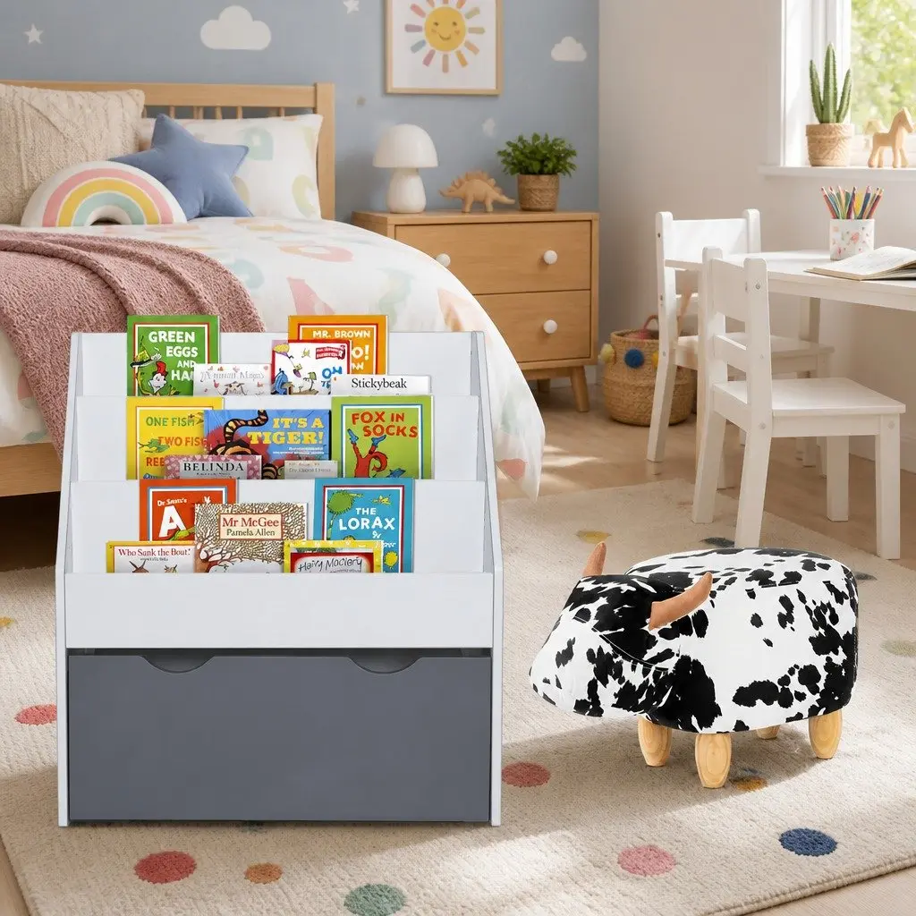 Kids Bookshelf White 3 Tier Open Shelving with Removable Toy Box