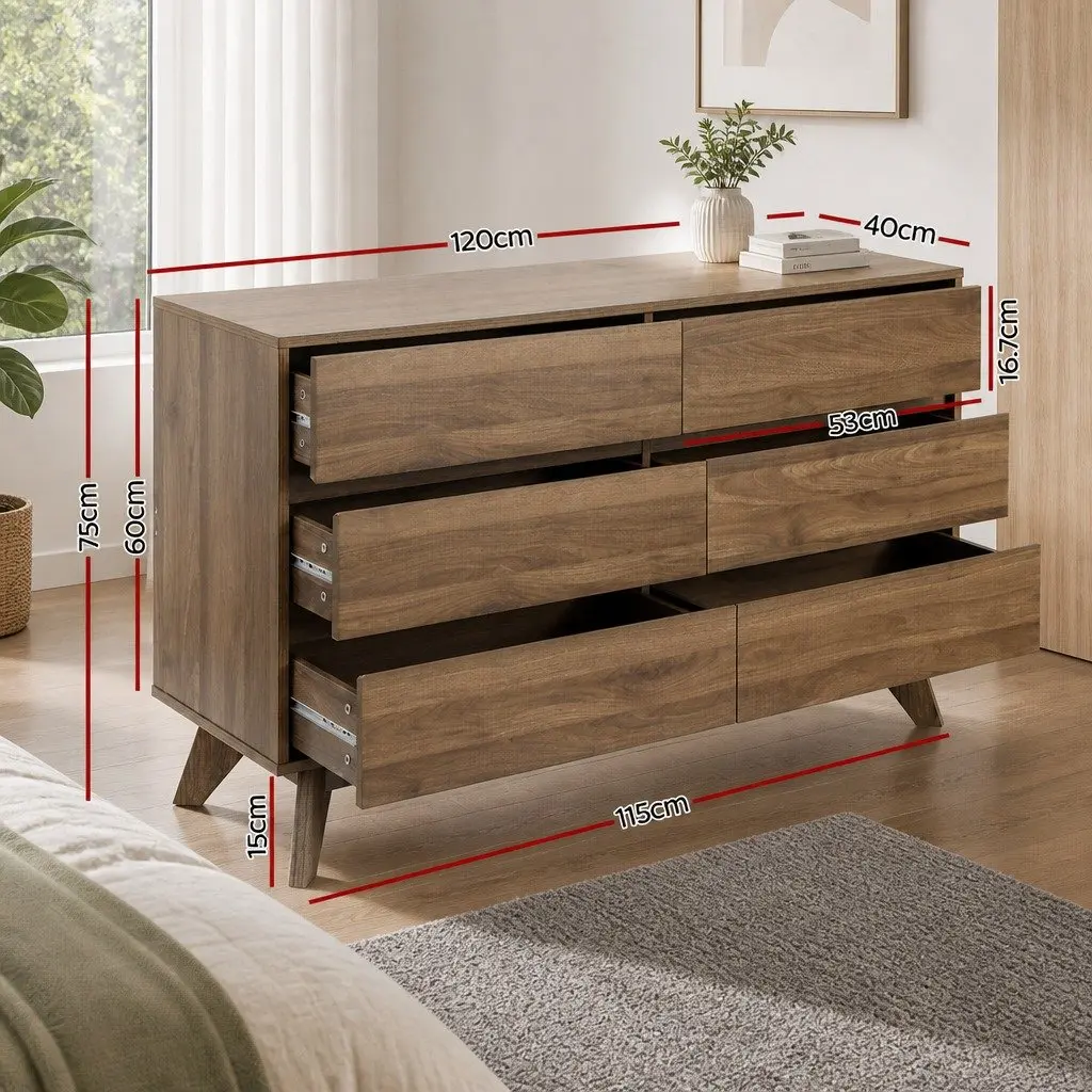 Chest of Drawers 6 Drawer Tallboy Dresser Walnut Bedroom Storage Cabinet