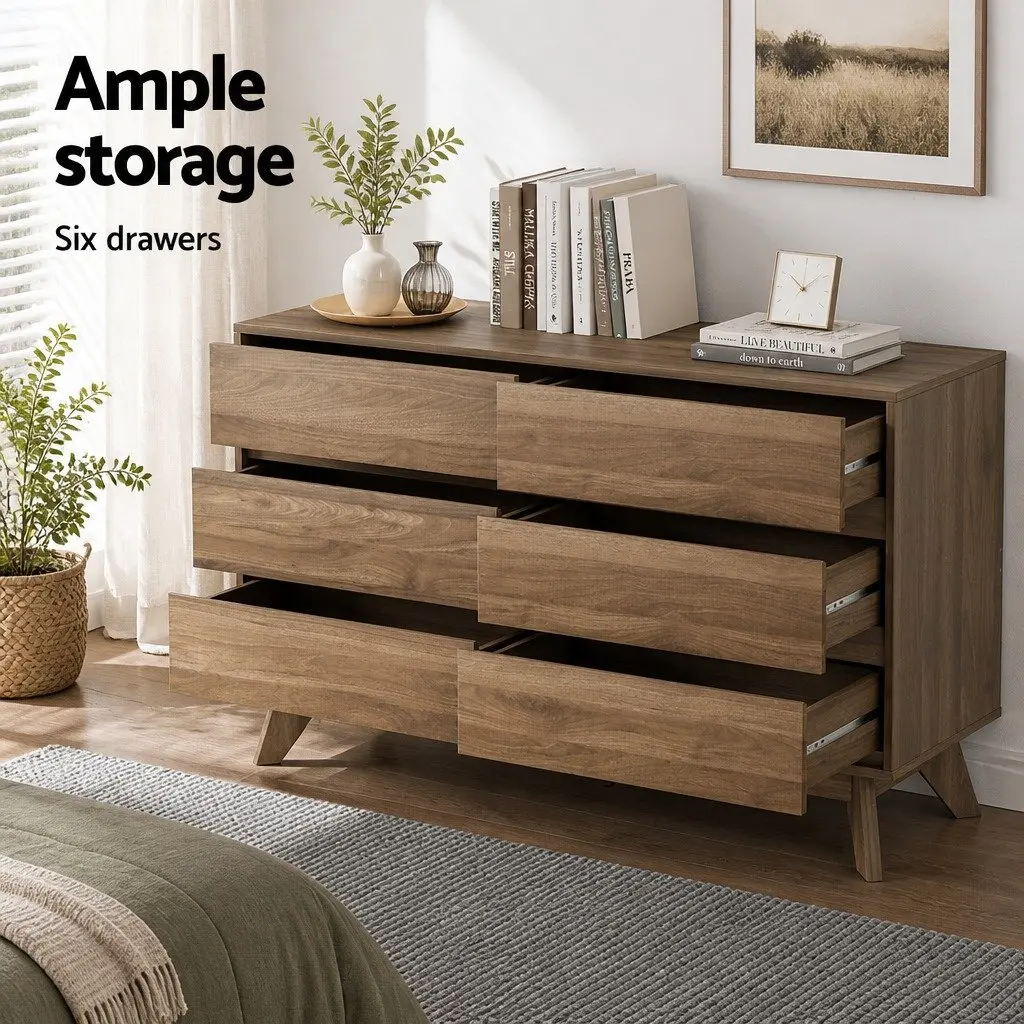 Chest of Drawers 6 Drawer Tallboy Dresser Walnut Bedroom Storage Cabinet