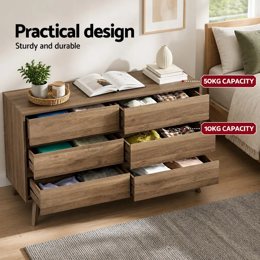 Chest of Drawers 6 Drawer Tallboy Dresser Walnut Bedroom Storage Cabinet
